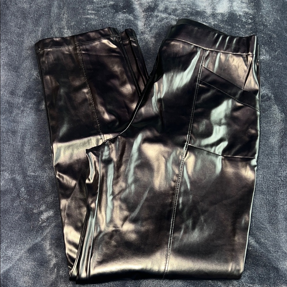 Halston Size Small Womens Pants Black Faux Leather Straight Leg Trousers
